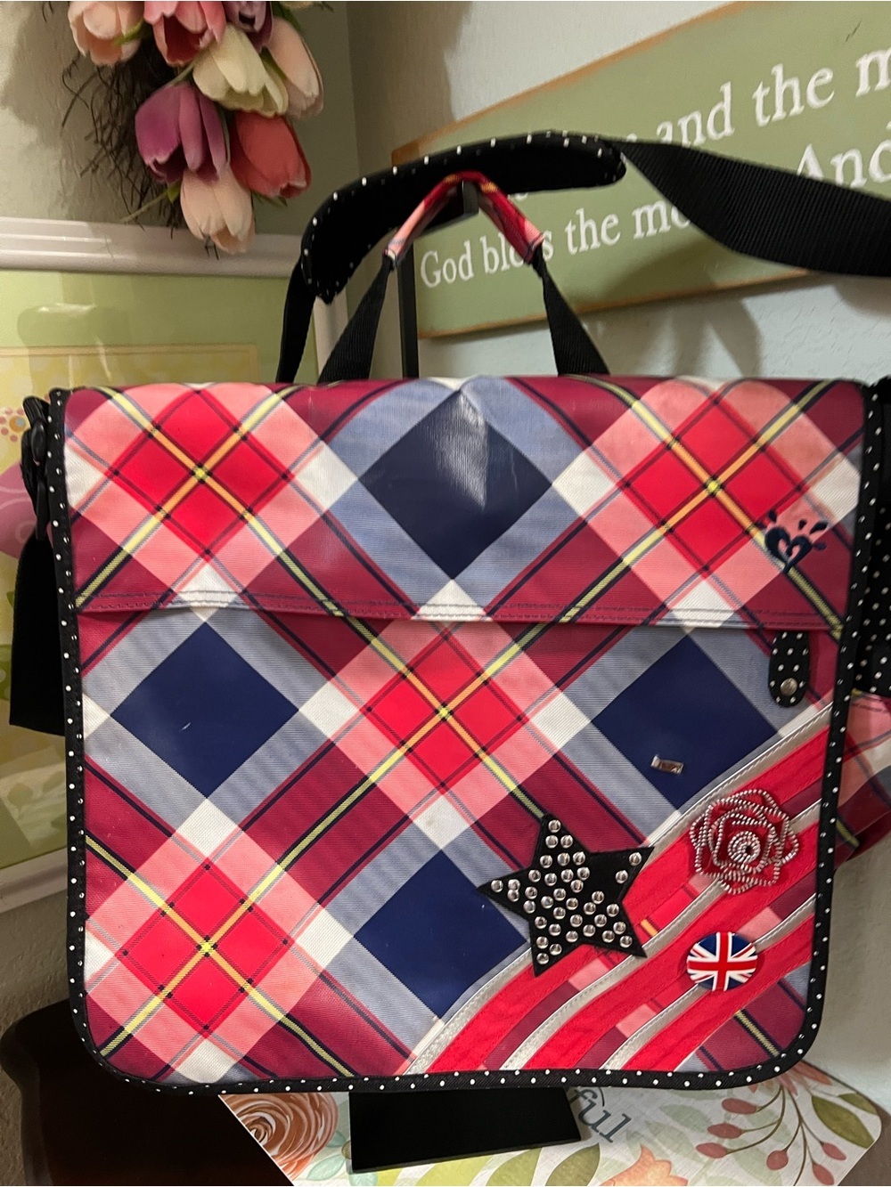 Justice Pink Navy Plaid Laptop Messenger Bag with Star Stud & Union Jack